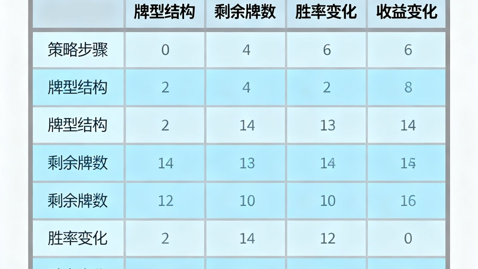 牌局组合明细表格展示每一步策略的牌型结构、剩余牌数、胜率变化和收益变化