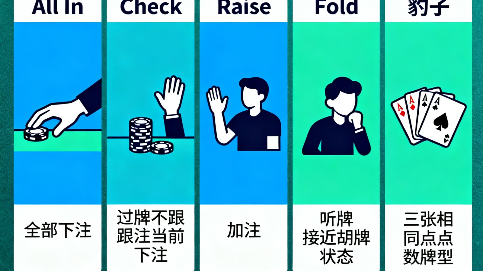 棋牌术语图解卡片，展示All In、Check、Call、Raise、Fold、听牌、豹子等术语