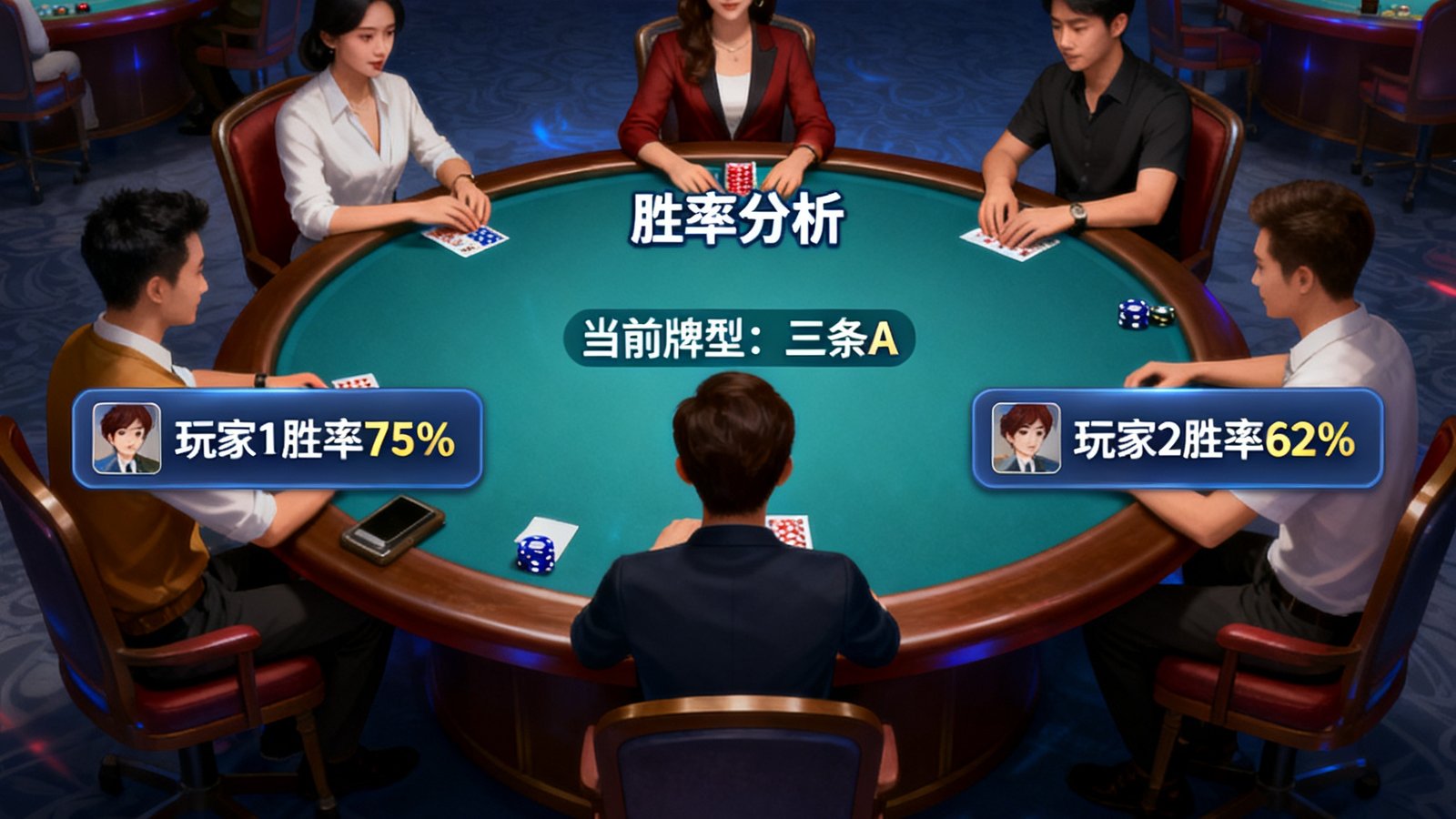 炸金花玩家在棋牌游戏大厅中实时对战，屏幕显示胜率与牌型分析
